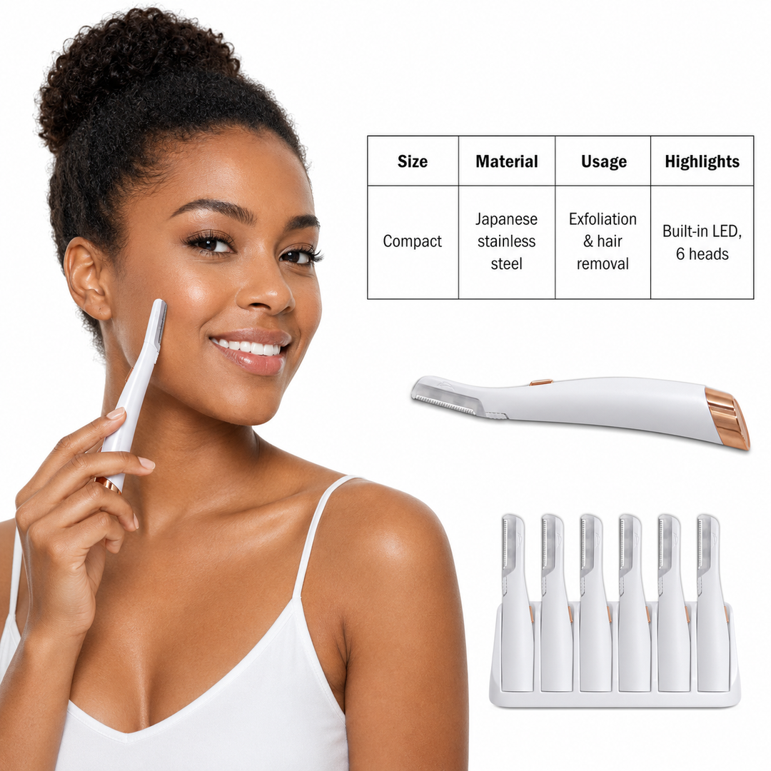Flawless Dermaplane Glo facial tool with Japanese stainless steel blade, LED illumination and compact white ABS handle design