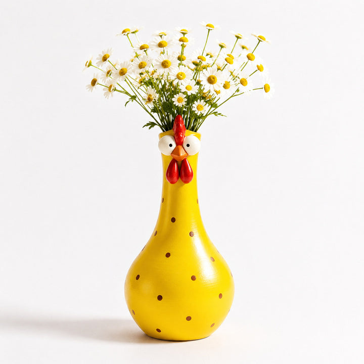 Rooster vase sculpture with long neck, colorful polka dots and hand-painted resin form for a playful decorative home styling.