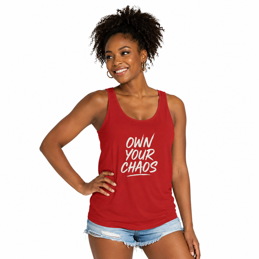 Own Your Chaos unisex jersey tank styled for a gym-ready outfit showing a comfortable cut and a bold graphic message clearly.
