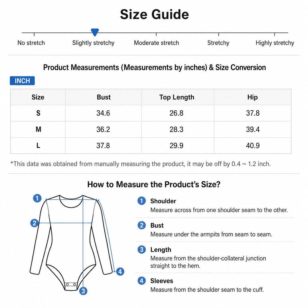 Size guide for a product with measurements in inches, including bust, top length, and hip dimensions.
