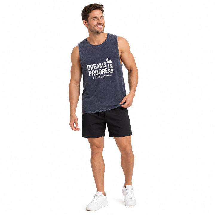 Stonewash tank top close-up style showing crew neck, wide armholes, and casual fit