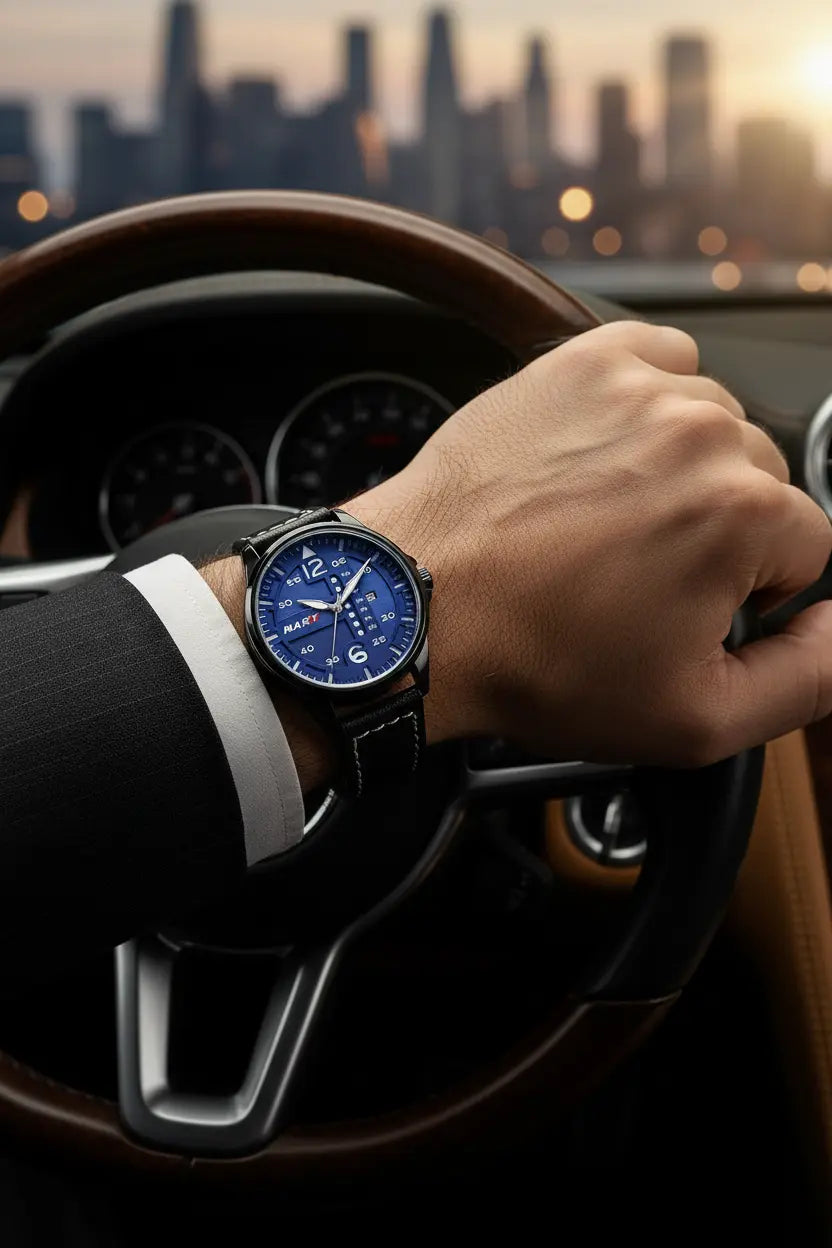 men quartz watch black case yellow numerals worn by european man premium lifestyle portrait