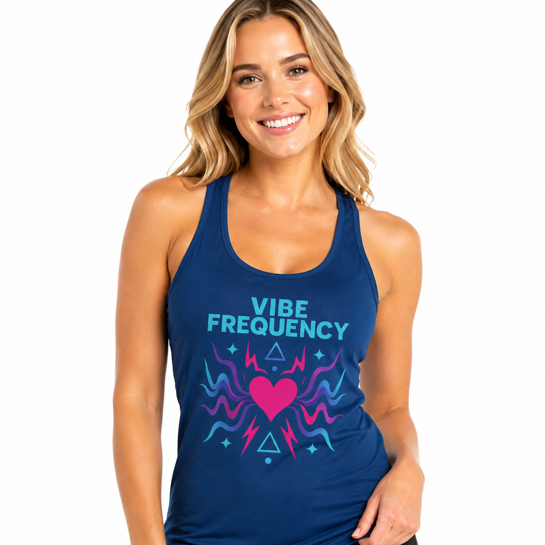 A smiling blonde woman wearing a navy blue racerback tank top with a colorful graphic that reads &