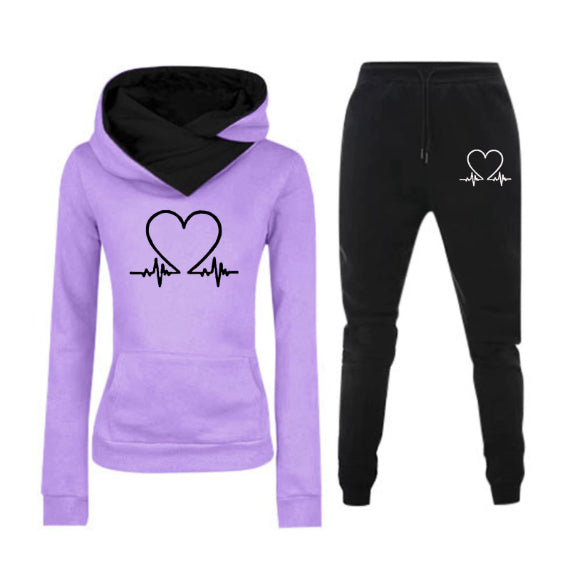 Love Heart Printed Women's Sports Suit Hooded Top & Pants