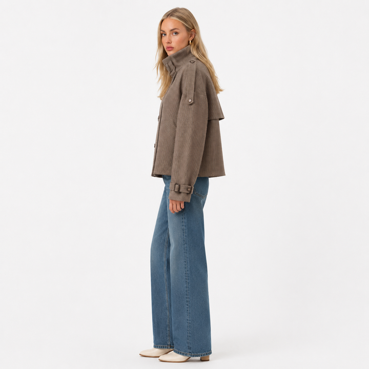 Button-detail houndstooth coat for women in dark brown with relaxed fit, regular sleeve styling, and medium polyester fabric.