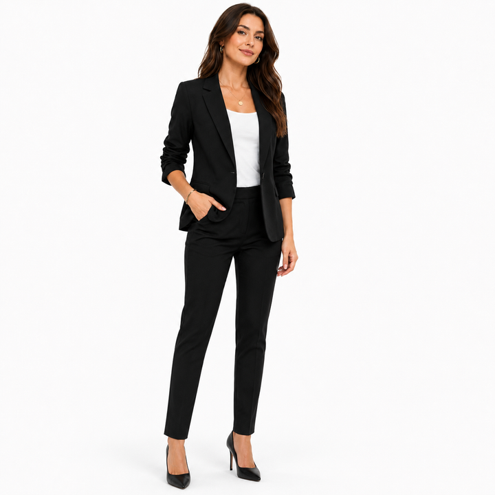 Women 3/4 sleeve blazer showing relaxed tailoring, breathable polyester feel and polished casual workwear styling for days up