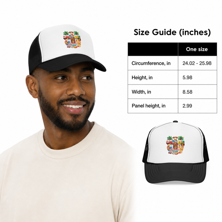 Durable polyester trucker hat with black mesh panels, adjustable snapback closure and structured six-panel construction.