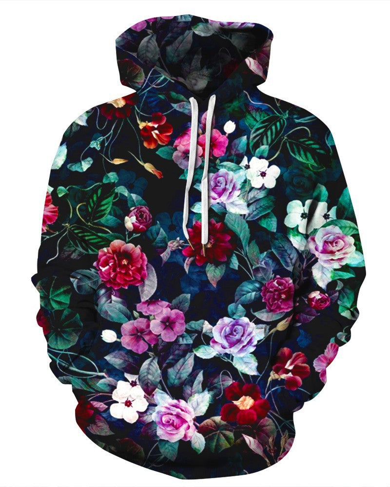 Rose Hoodie with Floral Print and Loose Fit Long Sleeve