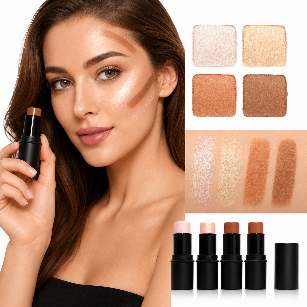 Face shaping contour stick and highlight stick pair for creating visible dimension without bulky makeup packaging beauty uses