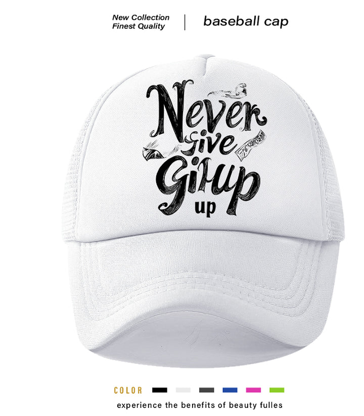 never give up baseball cap curved brim profile view