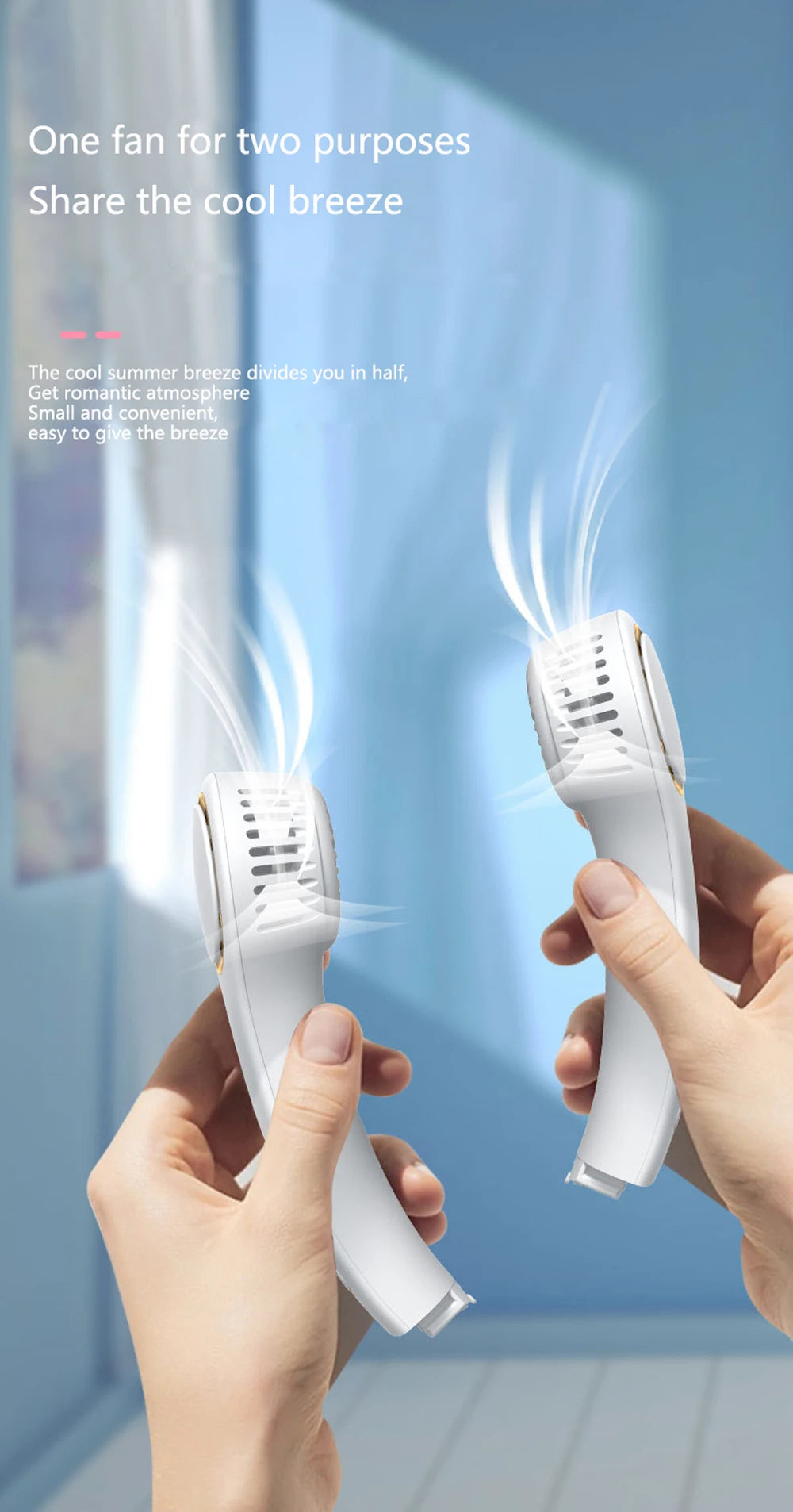 Two hands holding a white handheld fan with cooling effect against a light blue background.