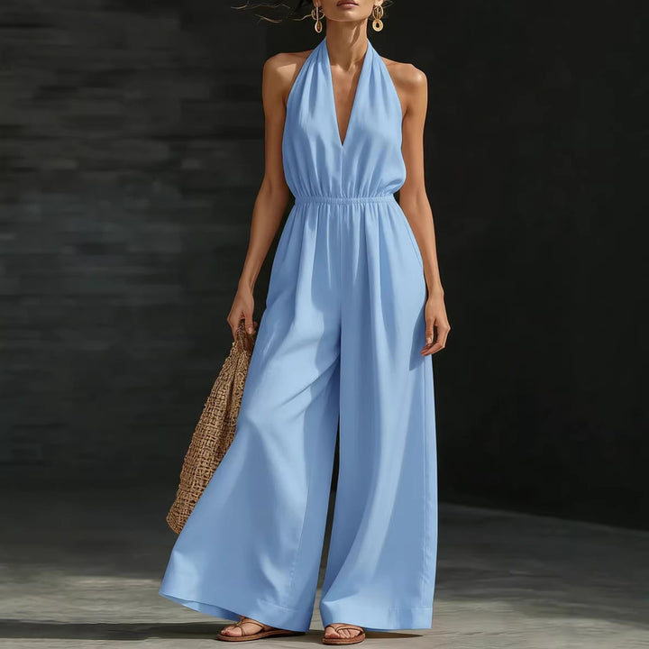 Loose-fit women’s halter one-piece outfit with V-neck and lightweight fabric