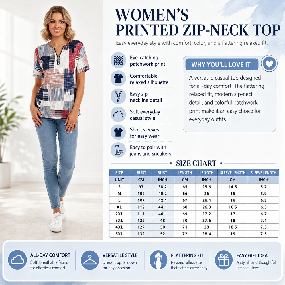 A promotional graphic for women's printed zip-neck tops, featuring a model wearing a plaid shirt on the left, product feature icons on the upper right, marketing text on the upper left, a size chart in the center, and benefit icons on the lower left.