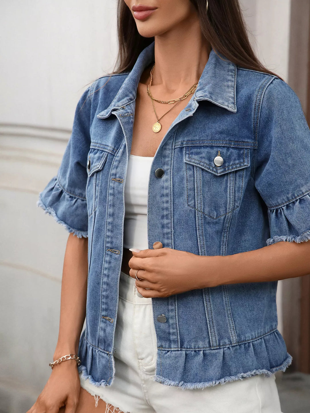 raw hem denim jacket collar and shoulder detail structured shape no stretch fabric for tailored casual layering
