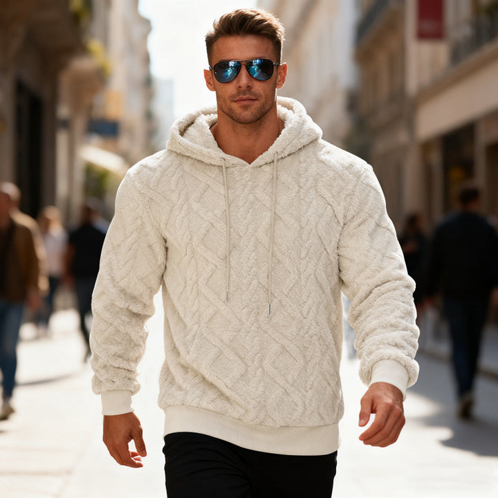 sweatshirt for men plush fleece hoodie flat lay showing long sleeves and cozy lining for winter street style
