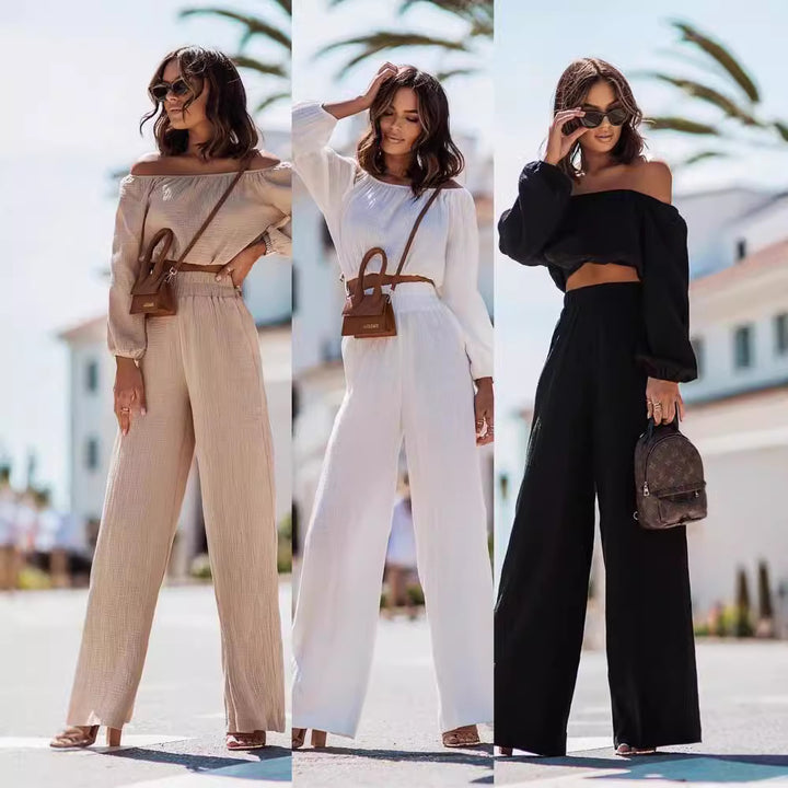 Off Shoulder Women Set with Straight Leg Pants OutfitX!