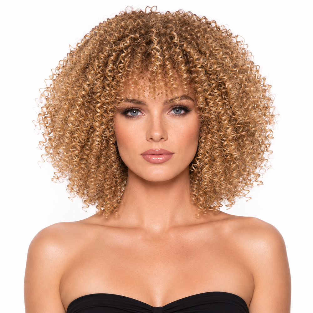Short curly wig for women shown from the front with defined curls, slanted bangs and its balanced 14 inch face-framing shape.
