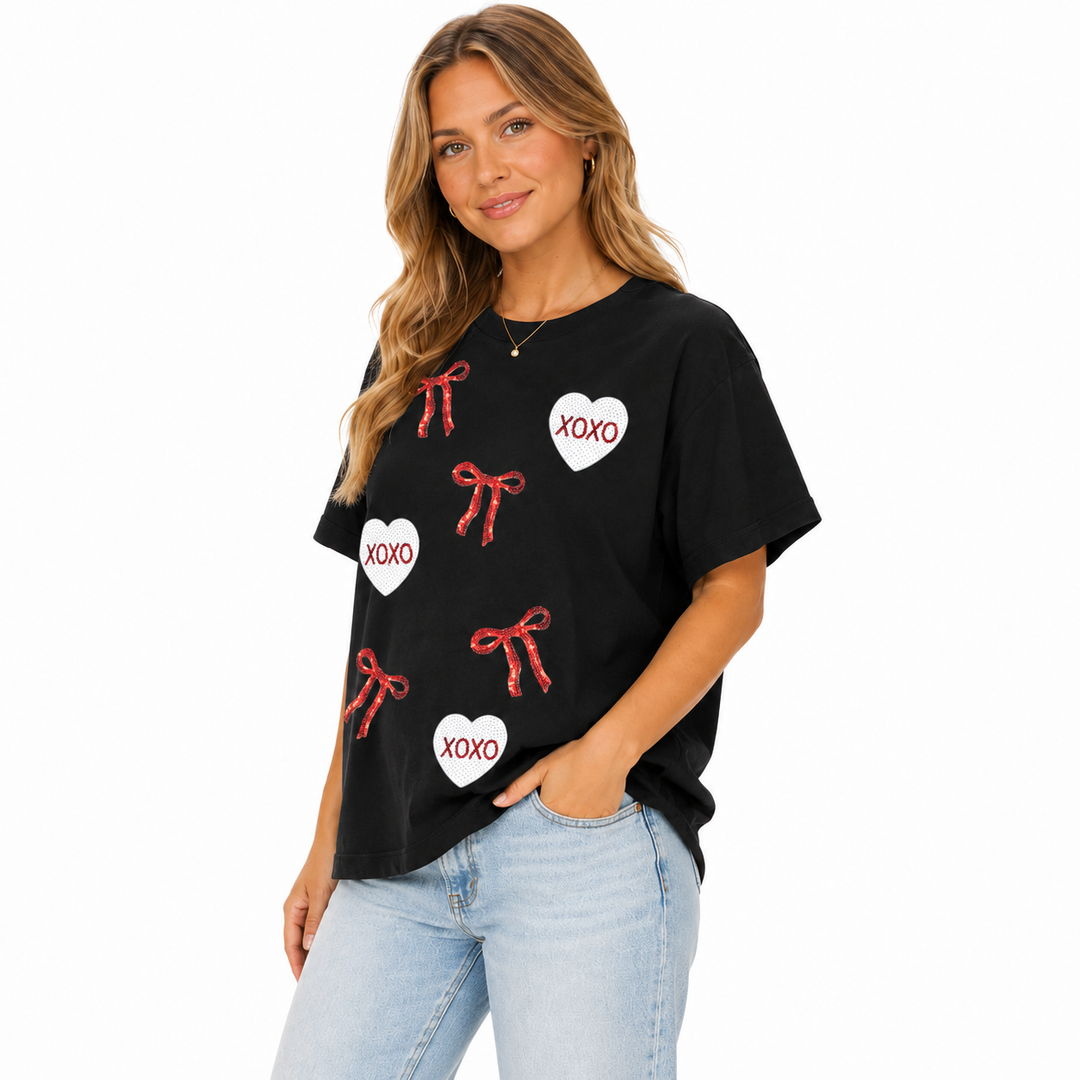 Soft poly cotton womens heart sequin tee with short sleeves, relaxed silhouette and festive romantic graphic design today fit
