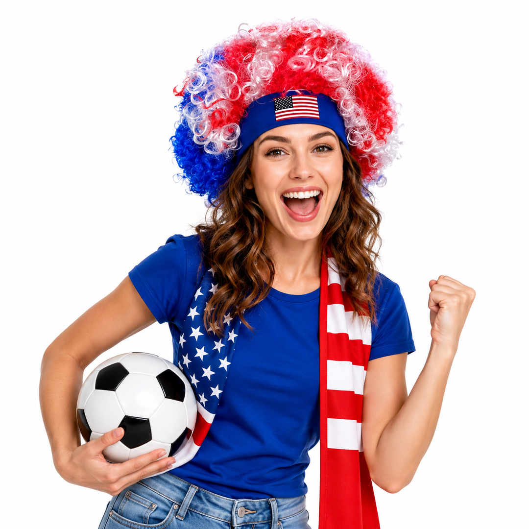 World Cup fan wig in USA colors with fun curly volume, made for quick team spirit at matches and celebration events for fans.