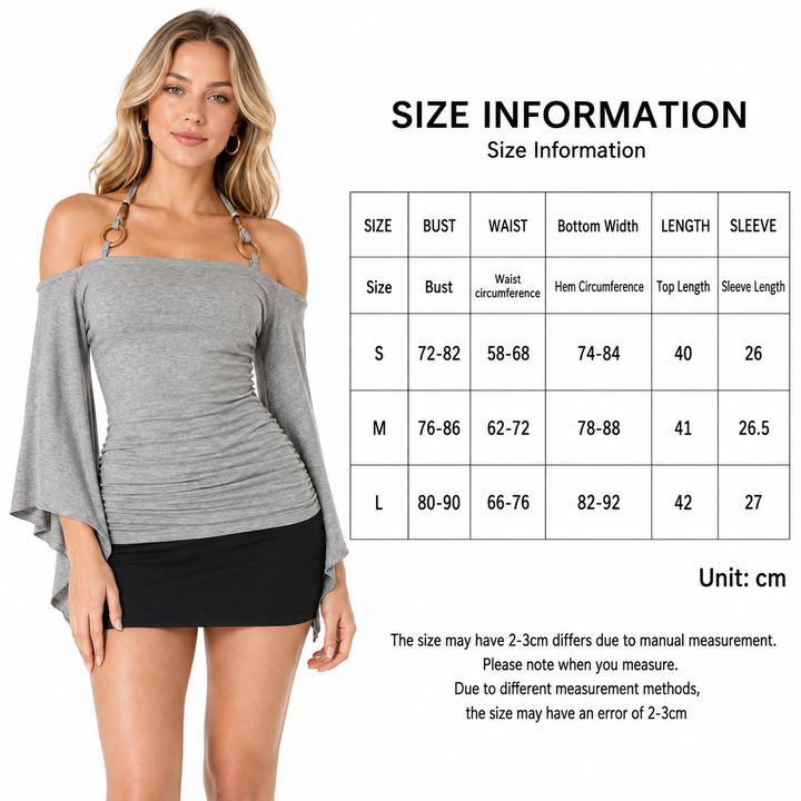 Retro striped off the shoulder top for women with flared sleeves, three-quarter length sleeves, and a regular everyday shape.

