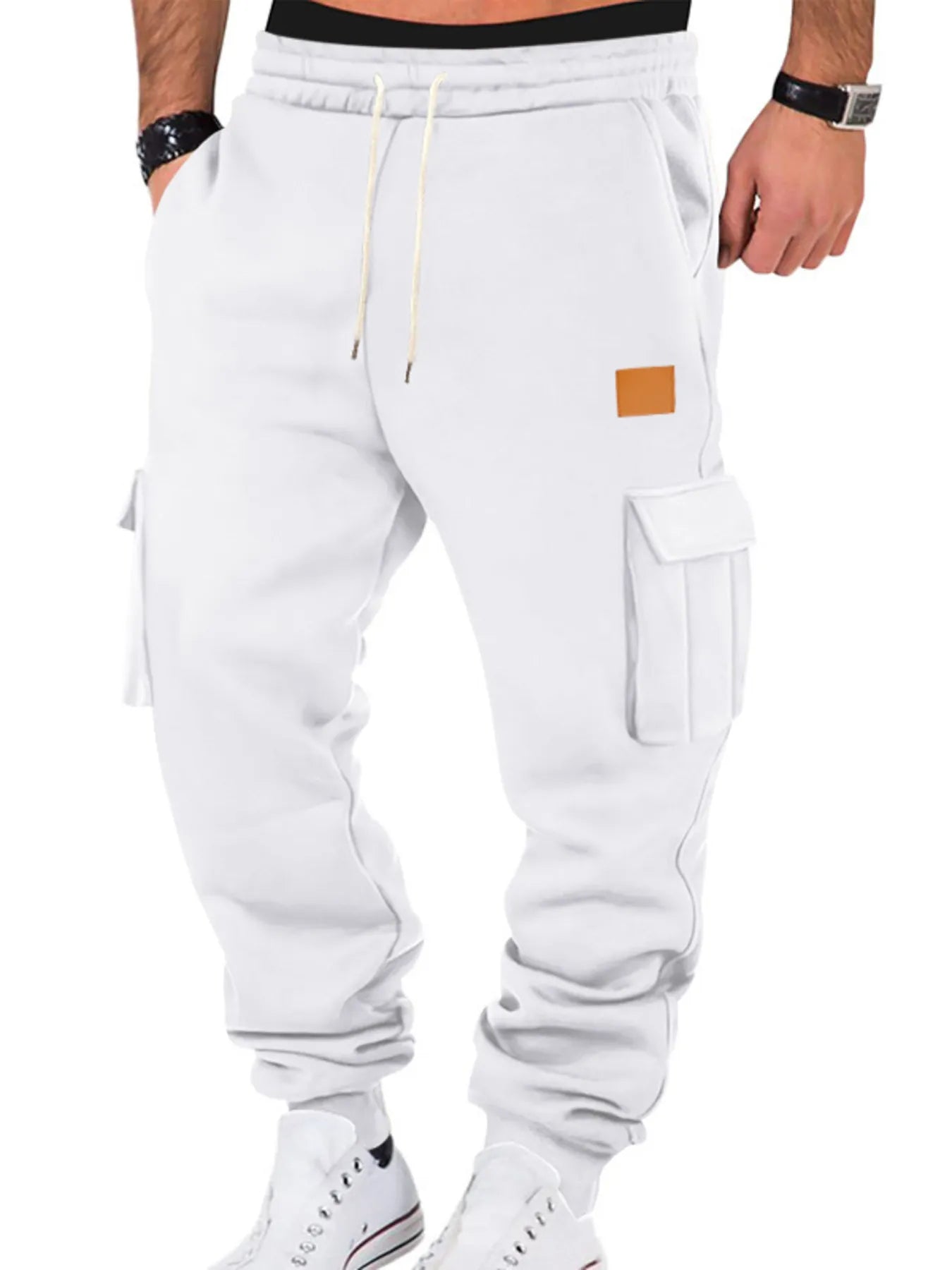 men's plus size cargo jogger pants back view emphasizing comfortable fit through hips and easy-care polyester
