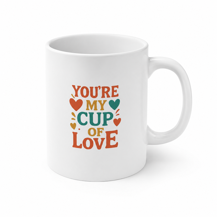 Romantic coffee mug with a heart shaped handle, glossy white ceramic body and bright artwork for Valentine&