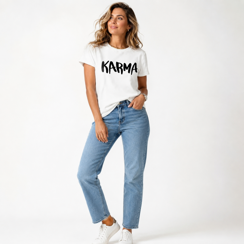Women Graphic Tee - Karma Print Plus Size Loose Tee Top