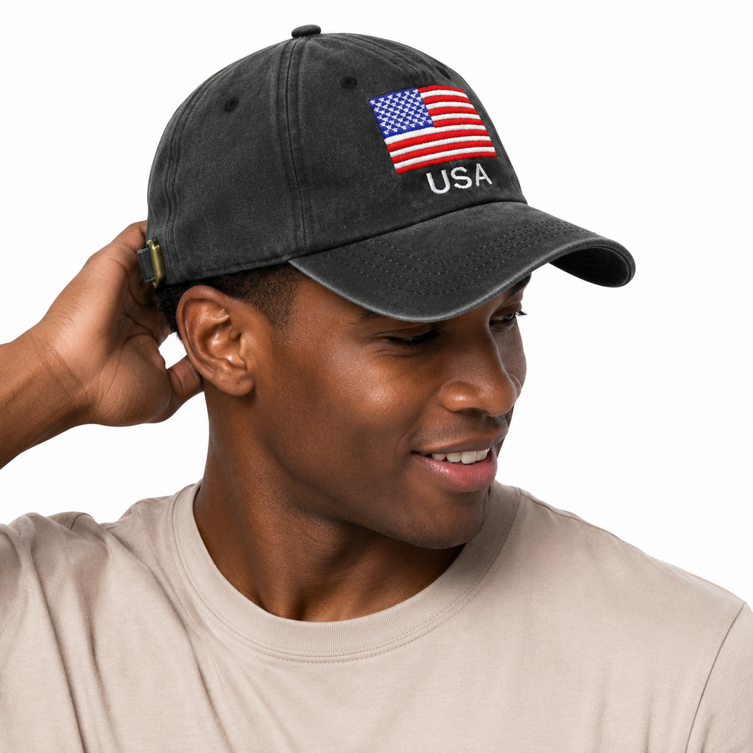 Unisex American flag cap 2-pack with breathable washed cotton, vintage faded design and adjustable metal buckle strap detail.
