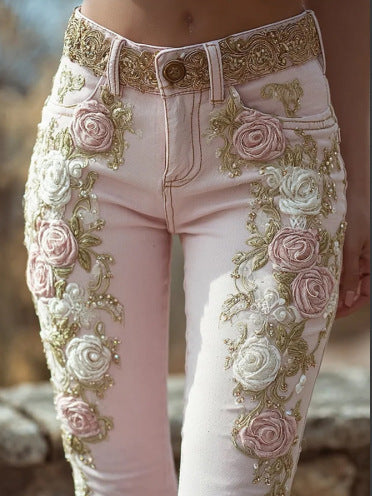 Pink rose embroidered jeans waistband and letter A style shape detail, fresh sweet look for women casual wear
