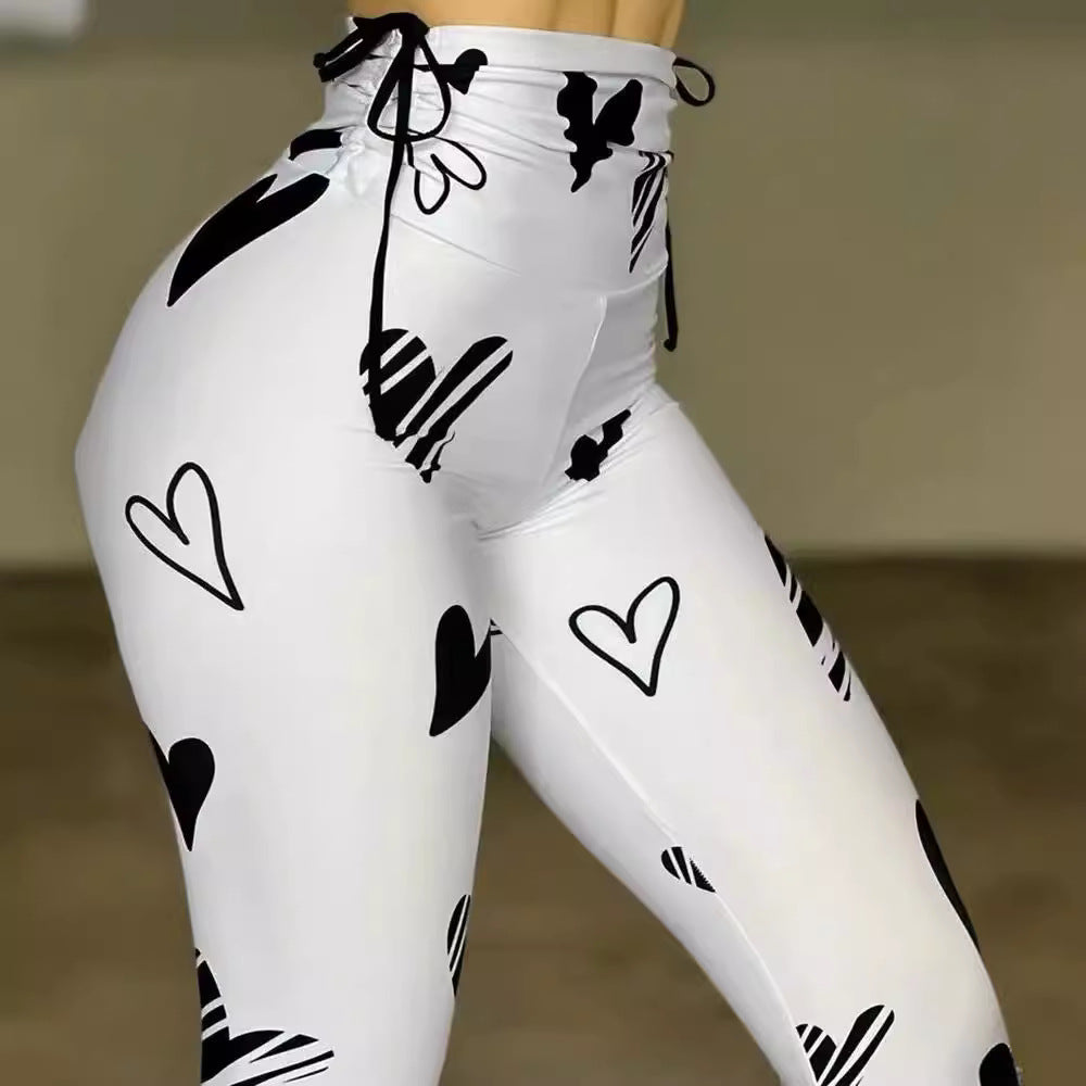 heart print yoga leggings white fabric texture polyester detail