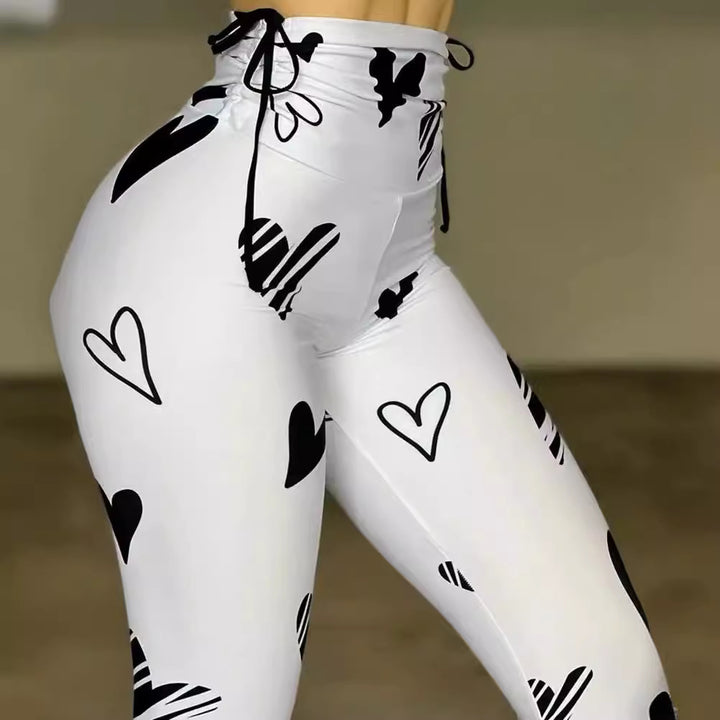 heart print yoga leggings white fabric texture polyester detail