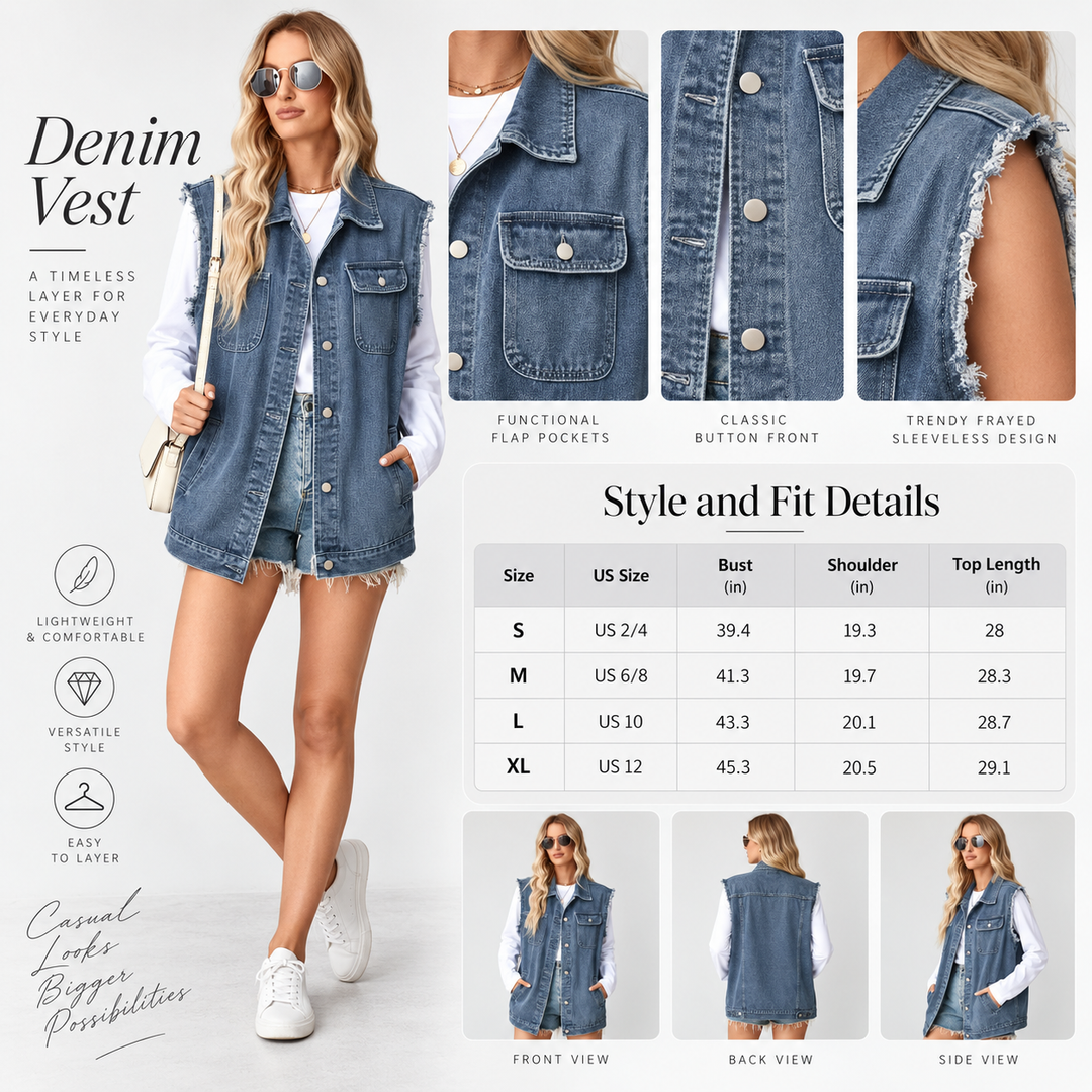 Sleeveless Denim Jacket with Raw Hem and Button Pockets