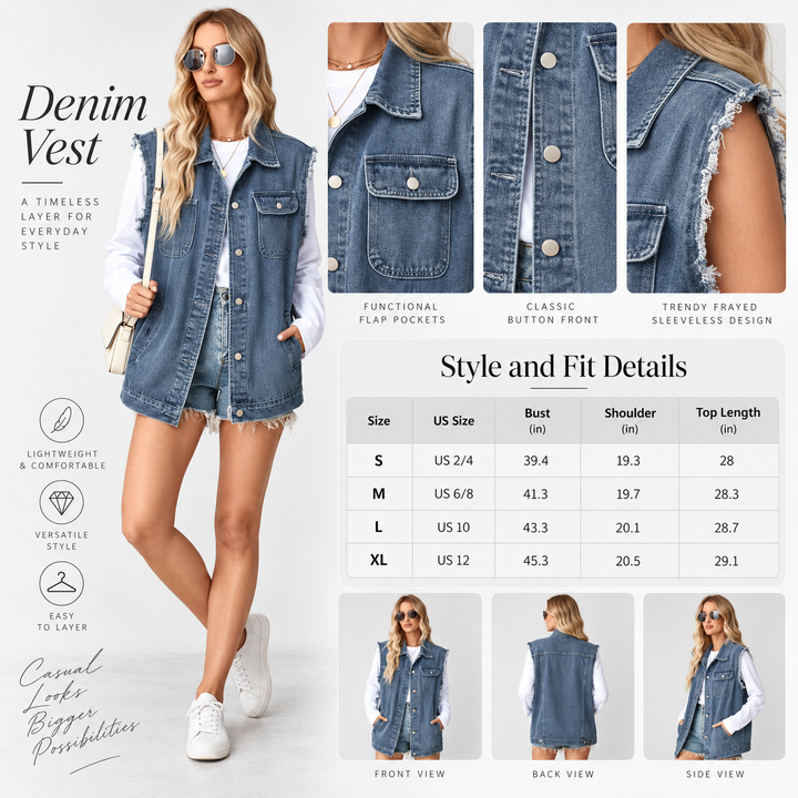 Sleeveless Denim Jacket with Raw Hem and Button Pockets
