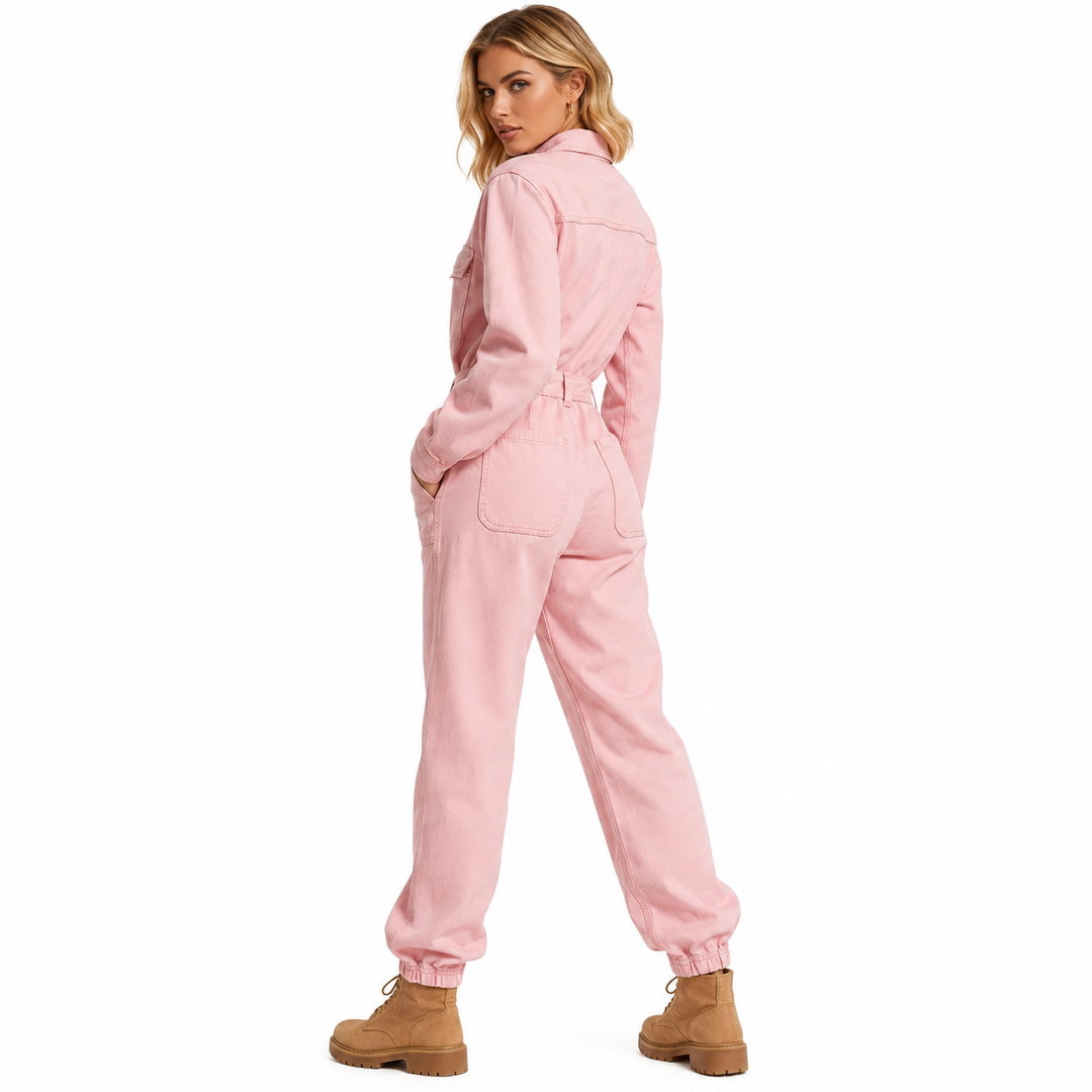 Pink full-length jumpsuit for women with a zip-up front, long sleeves and straight-leg styling for easy day-to-night styling.