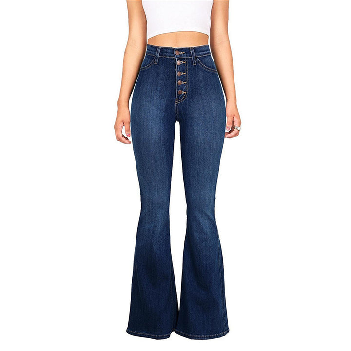 high waist stretch jeans wide leg movement walking urban setting