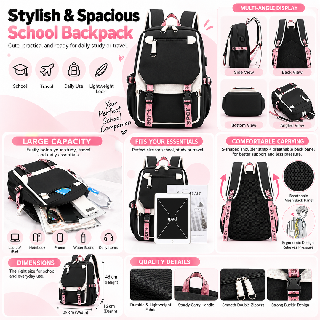 A pink and black school backpack shown in a feature infographic with multiple views, text callouts, and icons highlighting capacity, comfort, durability, and angles.