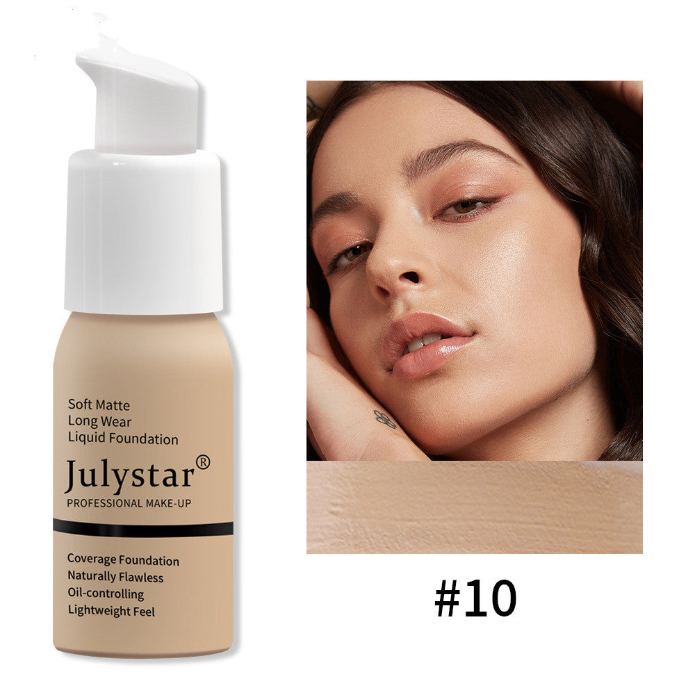Julystar foundation bottle with a close-up of a woman&