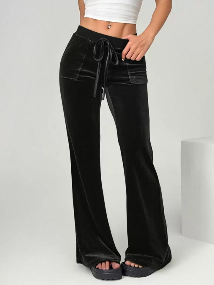 velvet flare pants relaxed lounge styling soft fabric texture detail