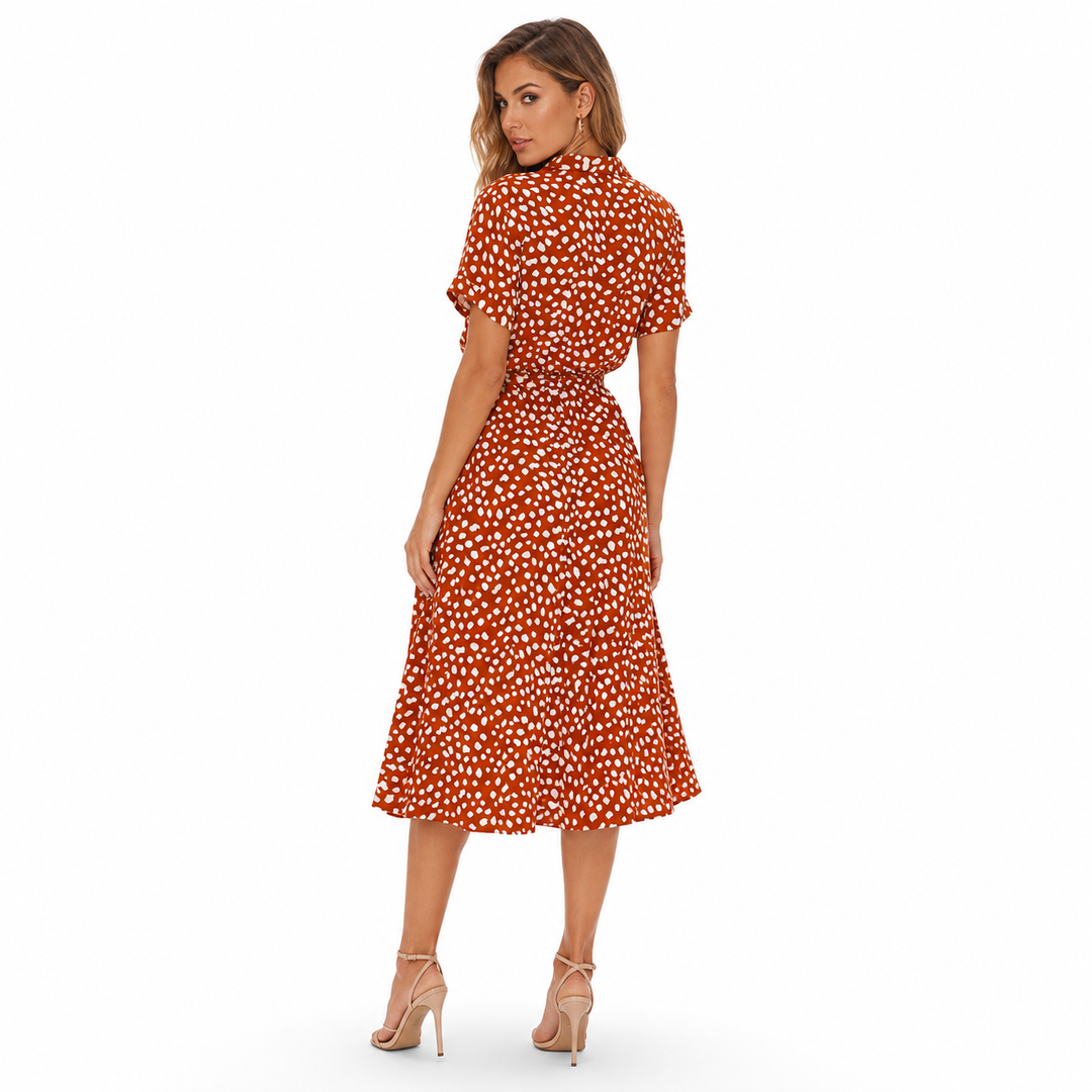 Polka dot chiffon dress back view with easy fit, high waist line and graceful summer-ready feminine shape for warm days now!!