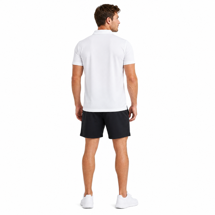 Mens soccer polo shirt with classic collar, white lightweight fabric, chest logo detail and polished game day styling outfits