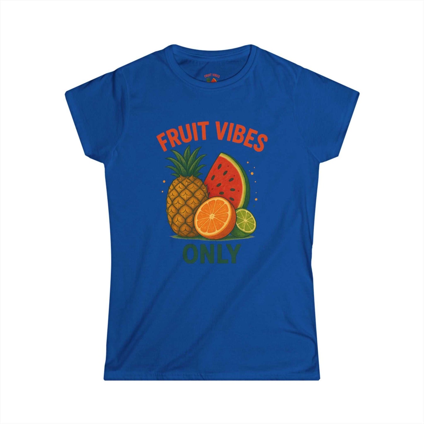 Blue women's tee with tropical fruit graphic