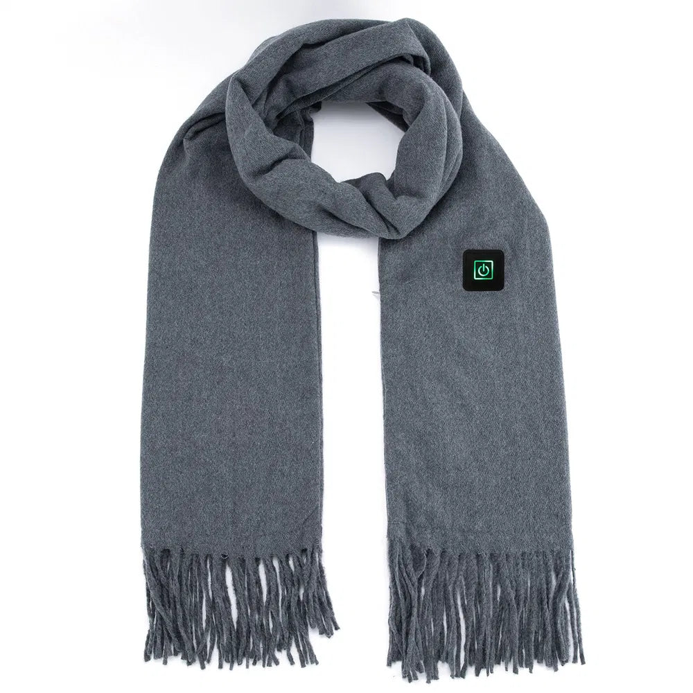 "electric heated winter scarf black cozy artificial wool texture ideal for outdoor sports"