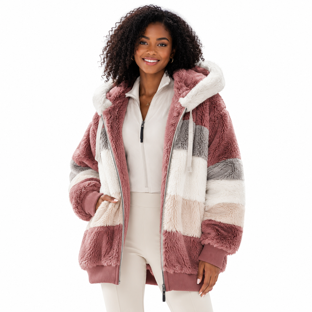 Women zip up hoodie with pockets, lined body and fuzzy texture for simple plus size comfort and everyday casual looks.
