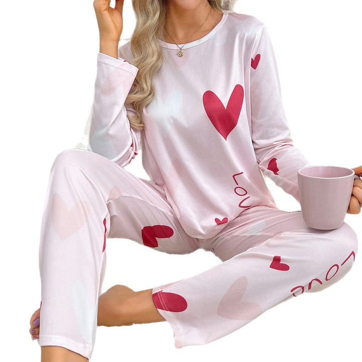Women loungewear set long sleeve top full length pants pink love heart pattern
