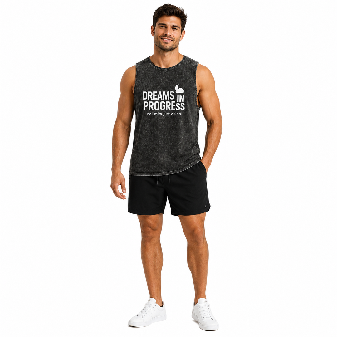 Men’s workout tank top with sleeveless cut, vintage wash texture, and relaxed fit