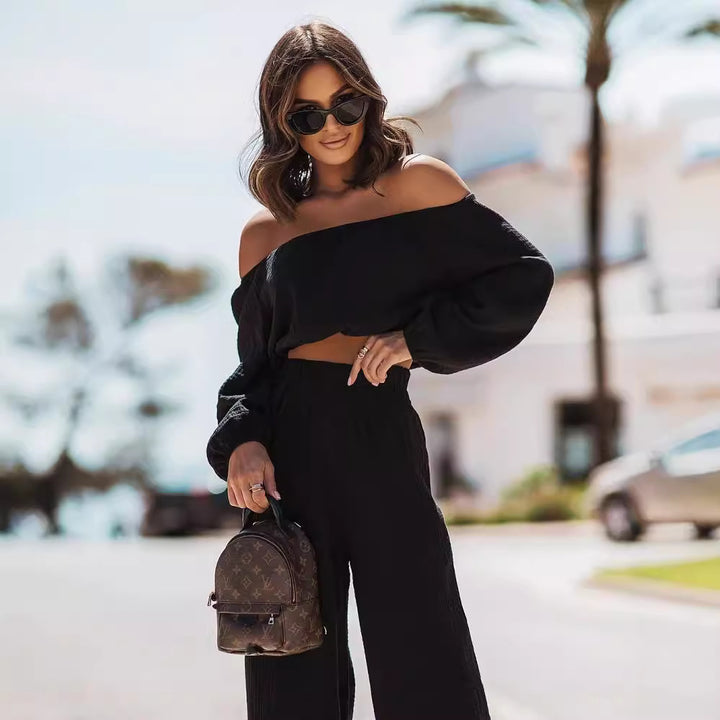 Off Shoulder Women Set with Straight Leg Pants OutfitX!