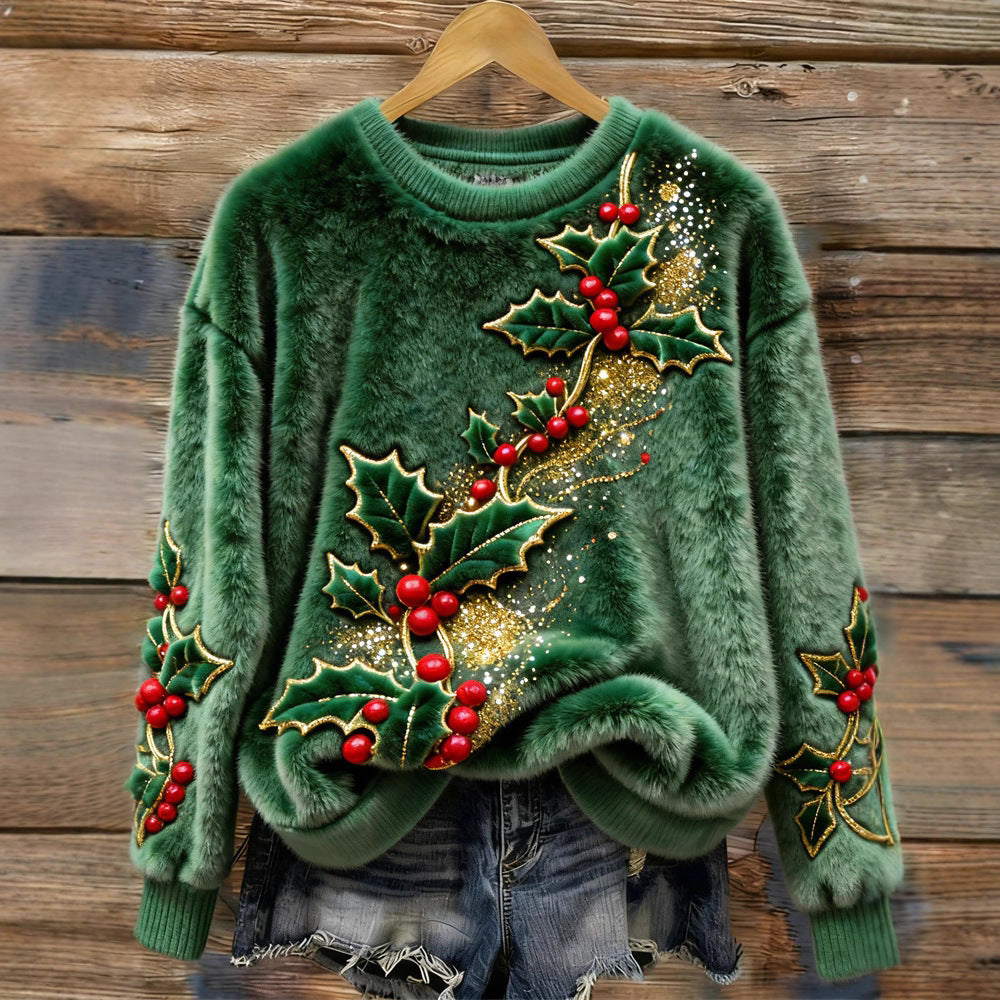 Christmas sweatshirt womens lifestyle shot with jeans and boots, cozy christmas sweater vibe for casual December days
