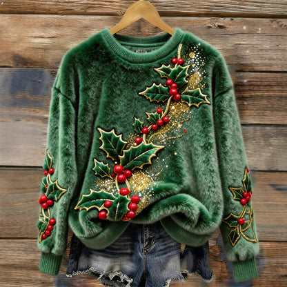 Christmas sweatshirt womens lifestyle shot with jeans and boots, cozy christmas sweater vibe for casual December days
