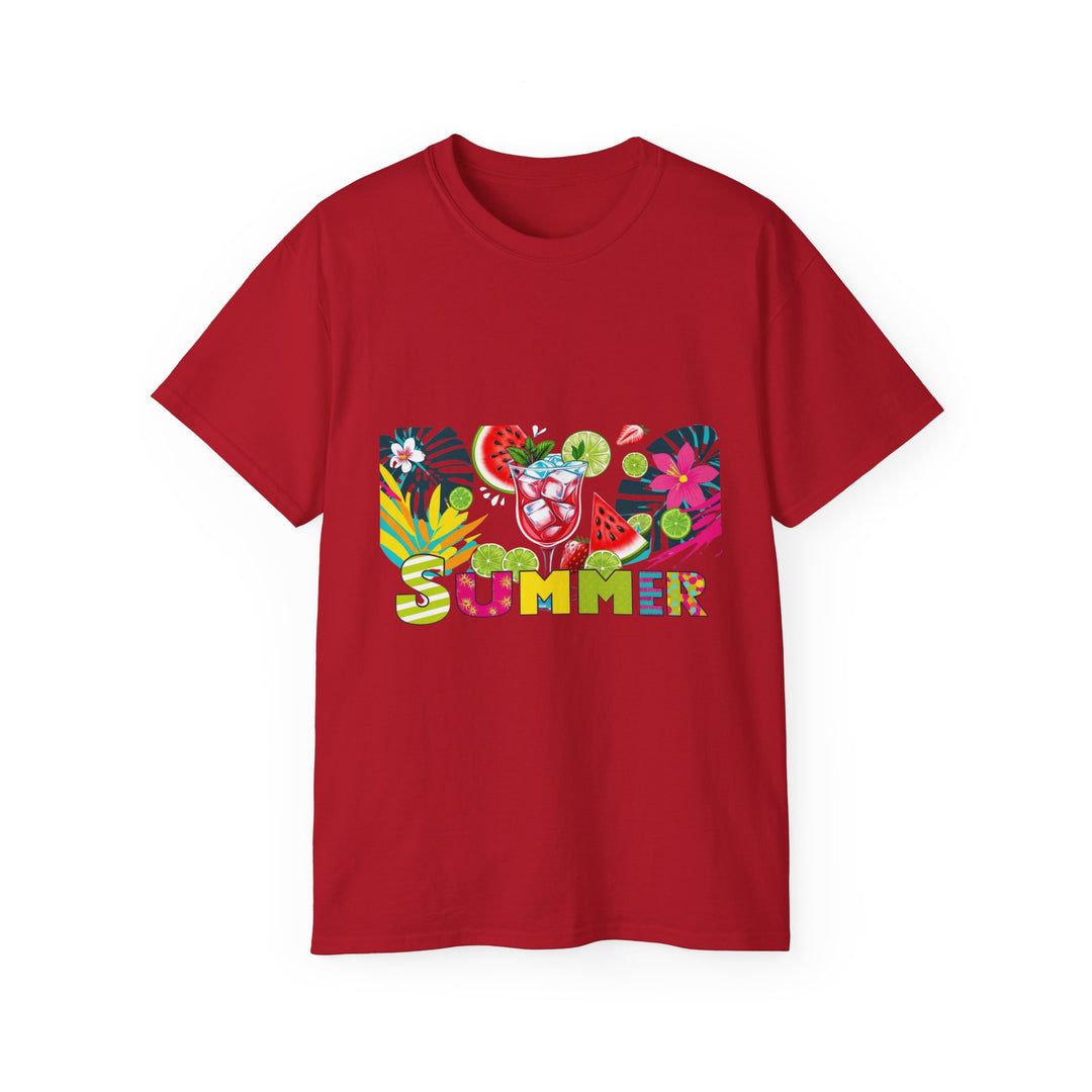 Red t-shirt with colorful summer design on a white background