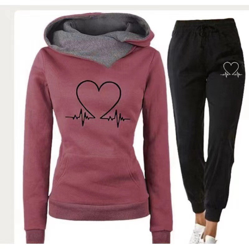 Love Heart Printed Women's Sports Suit Hooded Top & Pants